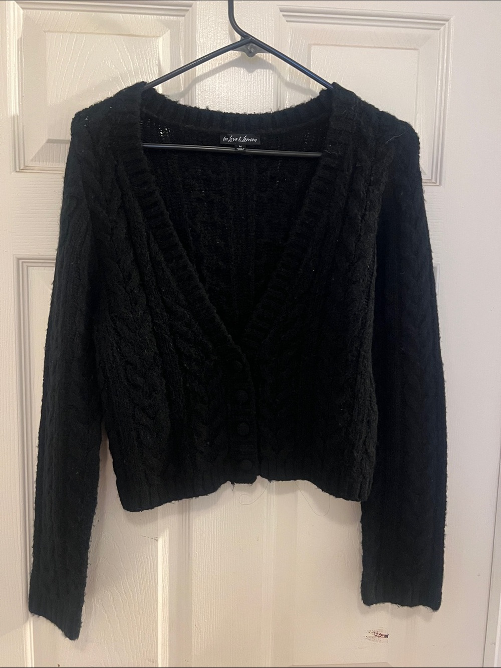 For Love & Lemons Black Cable-Knit V-Neck Cardigan Sweater, sz medium